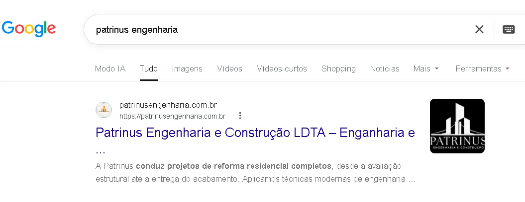 Exemplo da Patrinus Engenharia, sua landing page aparece no Google